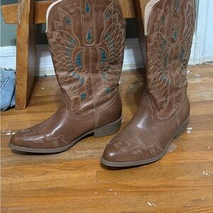 Coconuts by Matisse Brown Western Embroidered Heeled Boots with Teal Accents